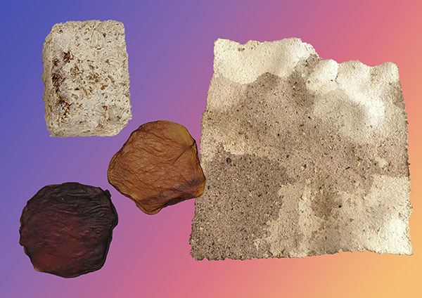 Examples of fungi-derived materials, including leather, brick and paper on a gradient purple-orange background. Photo: Salma Shaka,  2021
