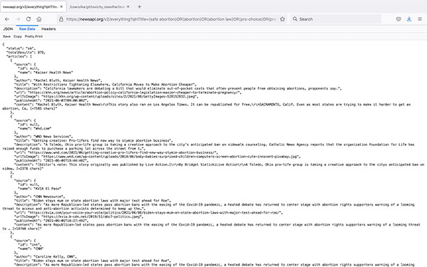 Screenshot of retrieved global online news media headlines containing the keywords ‘safe abortion,’ ‘abortion,’ ‘abortion law,’ ‘pro-choice,’ ‘pro-life,’ and ‘abortion ban’. Screenshot: Adaeze Ike, 2021